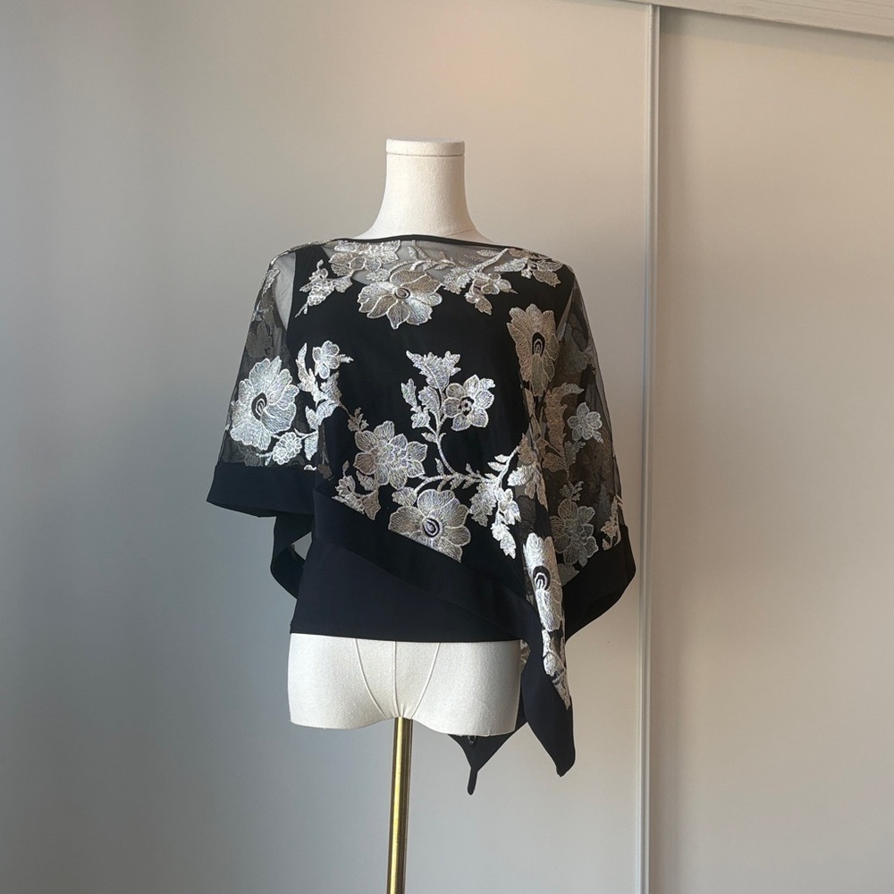 R&M Richards Black and Silver Floral Blouse
